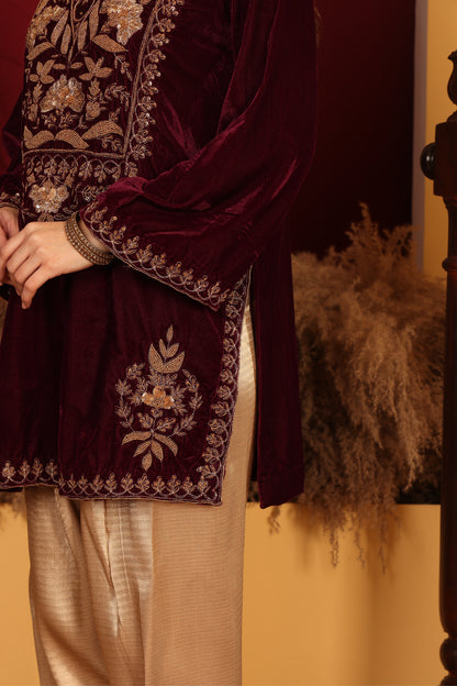 Wine short kurta with brocade pants