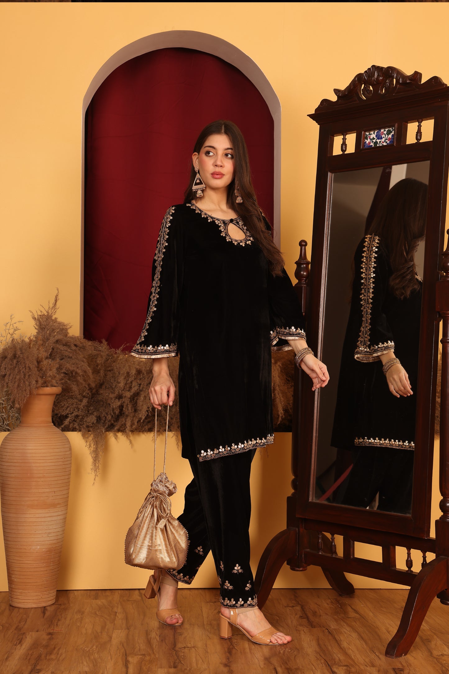 Flared Sleeve Black Velvet Ensemble