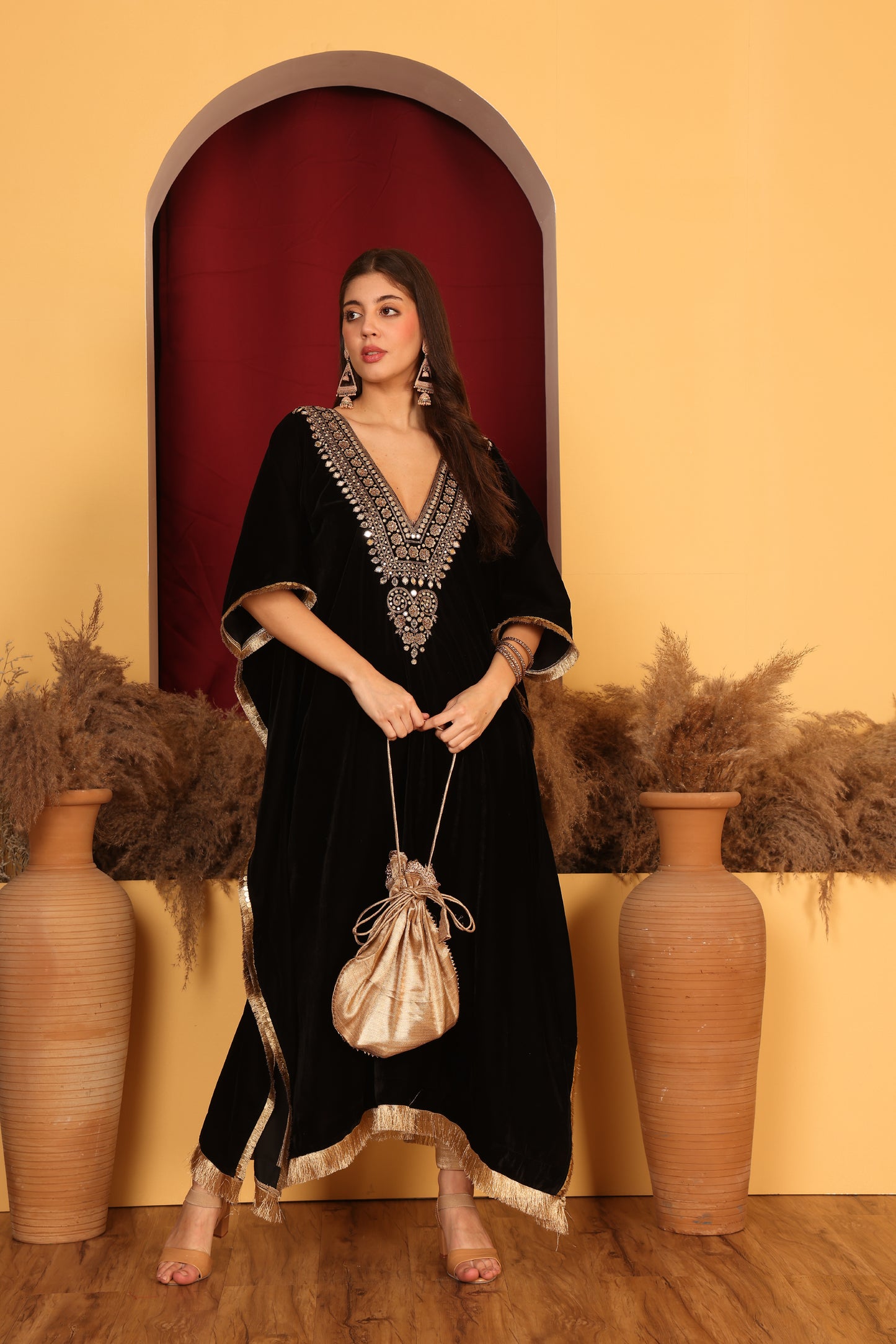 Elegant Black Velvet Kaftan Ensemble