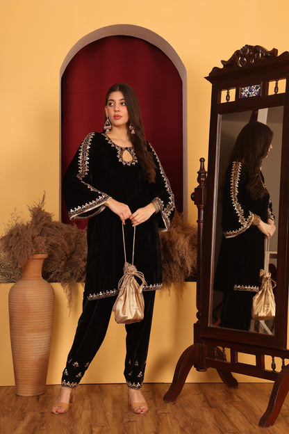 Flared Sleeve Black Velvet Ensemble