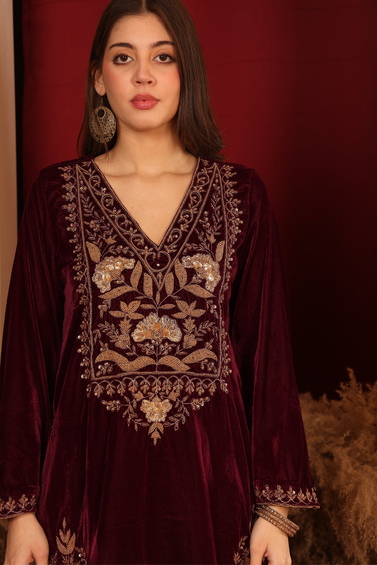 Wine short kurta with brocade pants