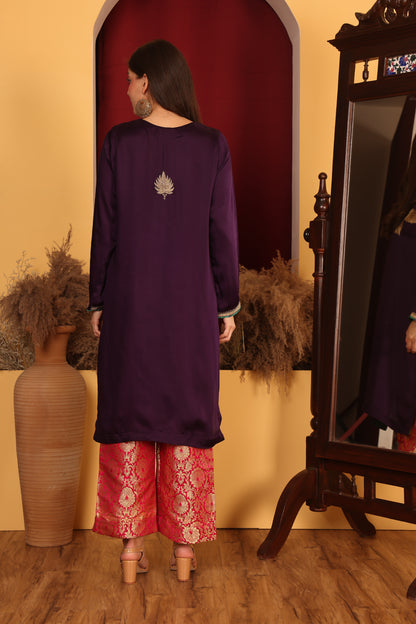 Kashmiri-Inspired Wine Satin Ensemble