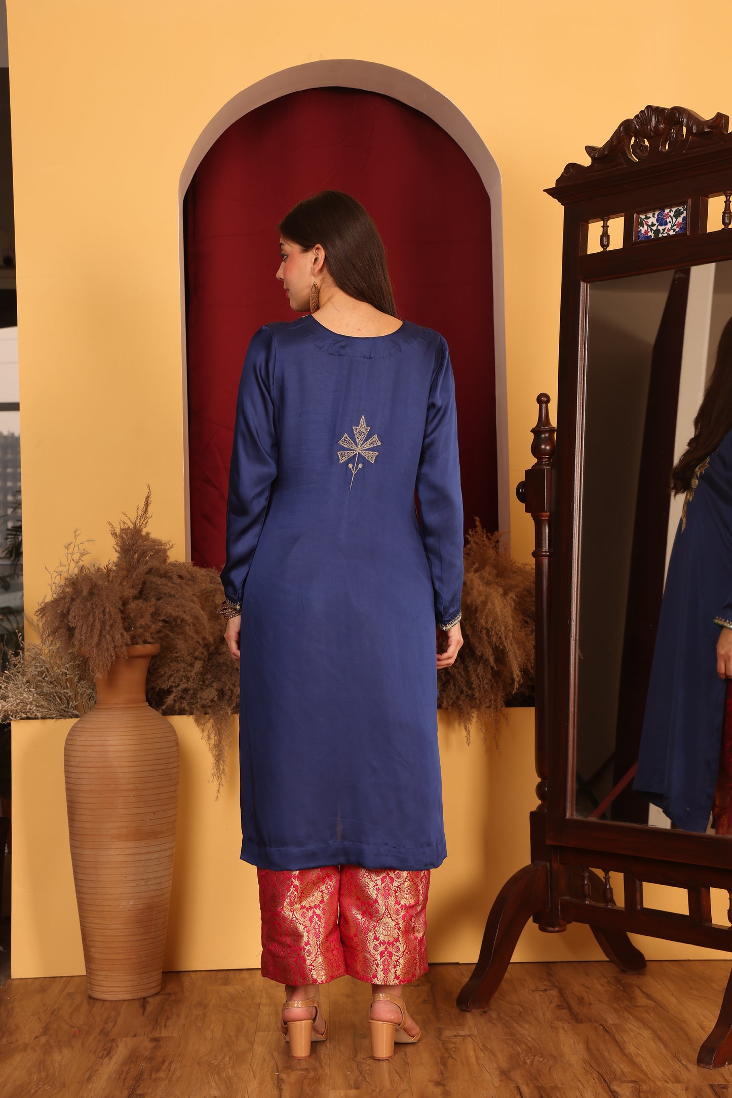 Kashmiri-Inspired Blue Satin Ensemble