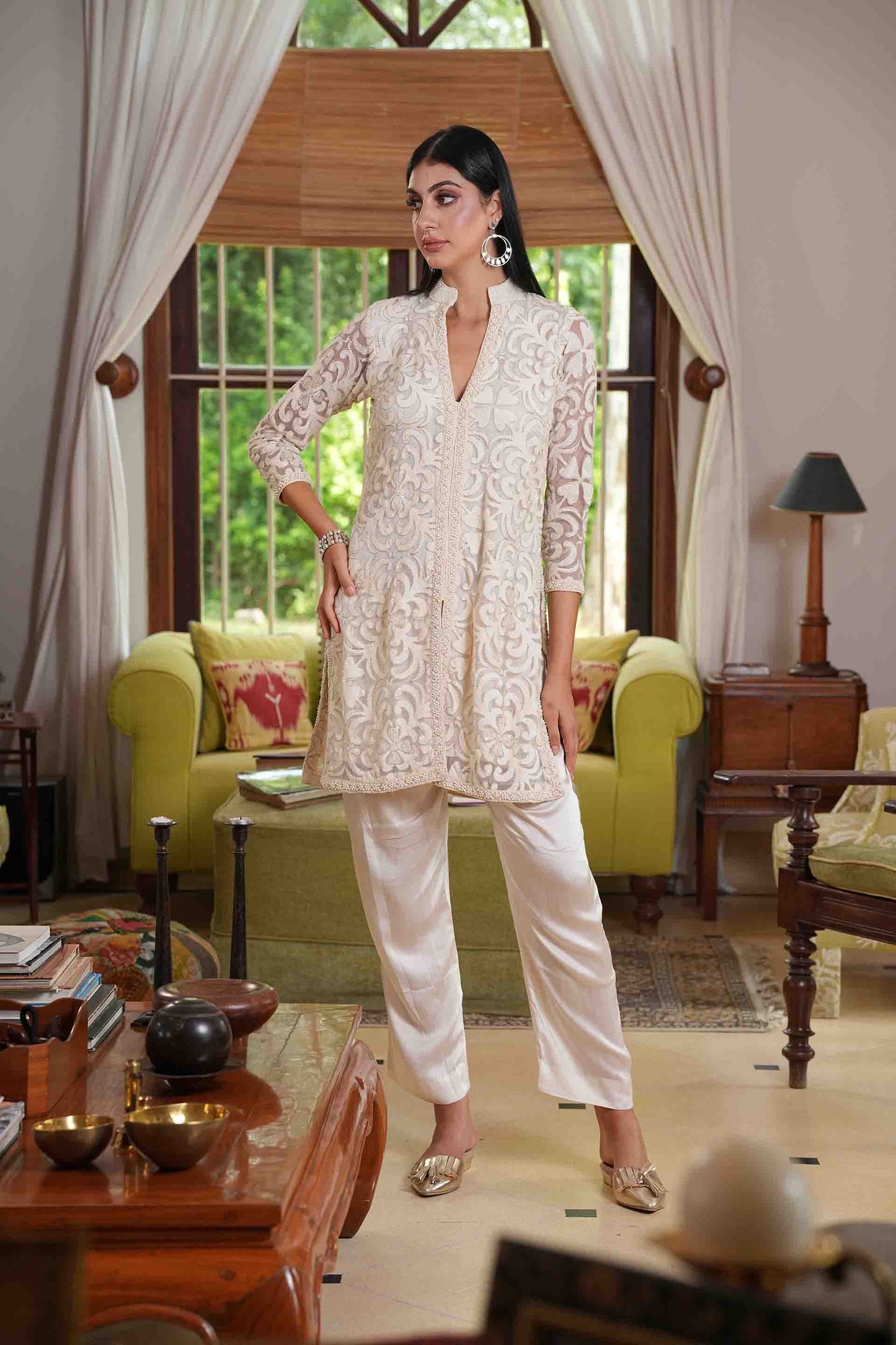 Embroidered kurta in off white with modal satin pants