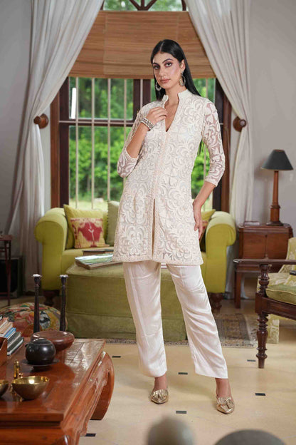 Embroidered kurta in off white with modal satin pants