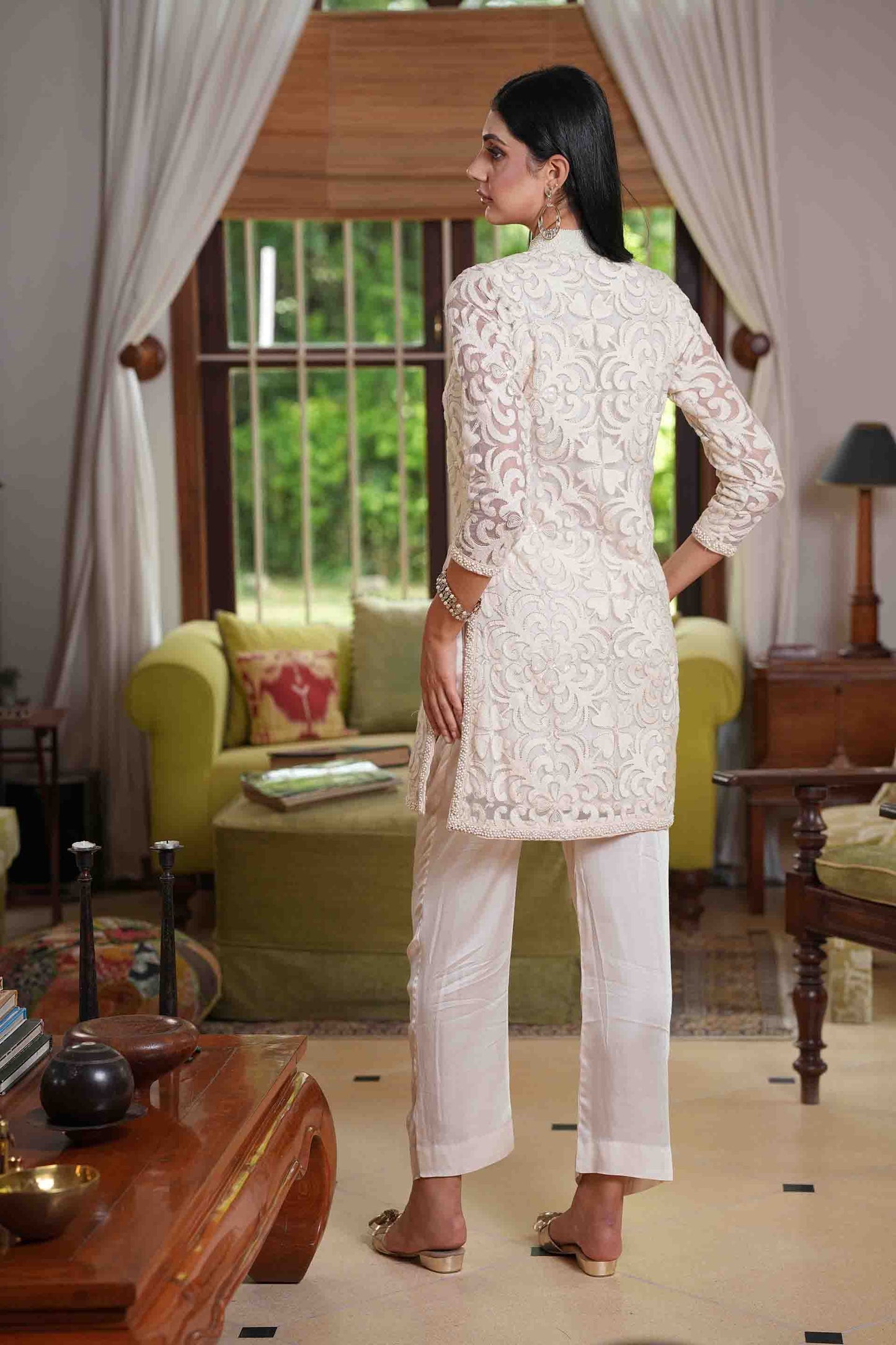 Embroidered kurta in off white with modal satin pants