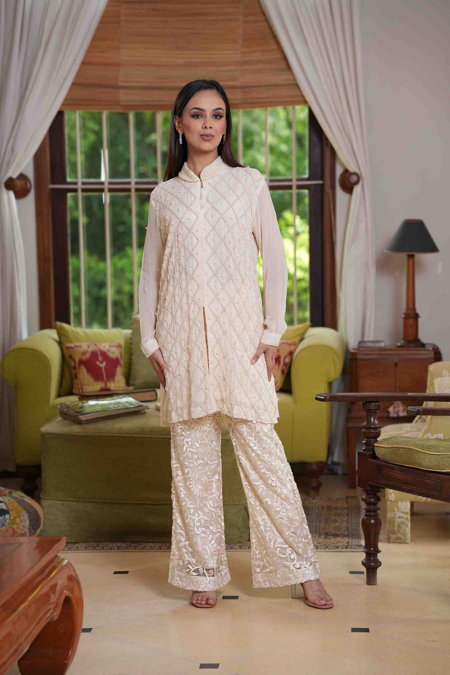 Pearl work hand embroidered kurta with pants