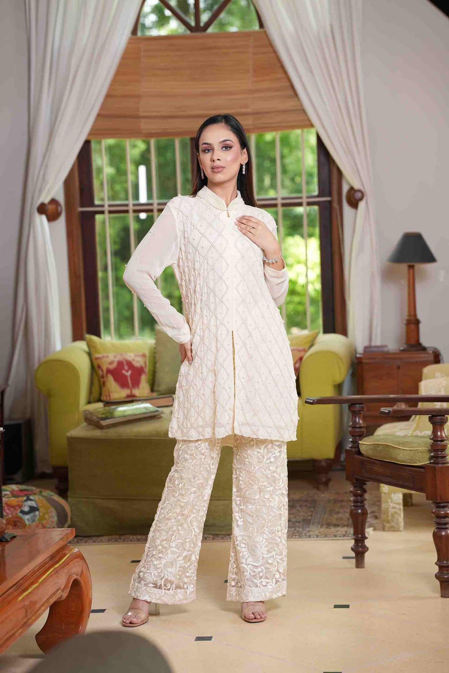 Pearl work hand embroidered kurta with pants