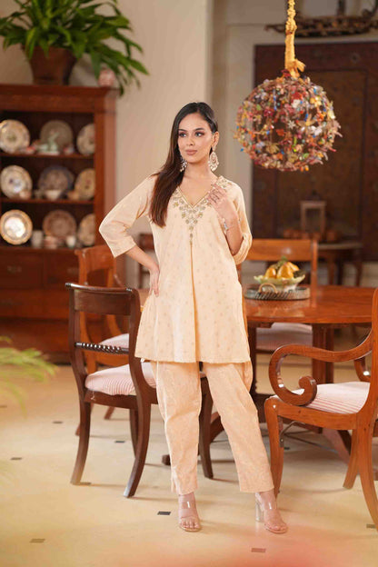 Beige Kurta with jacquard pants