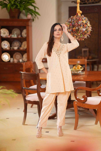 Beige Kurta with jacquard pants