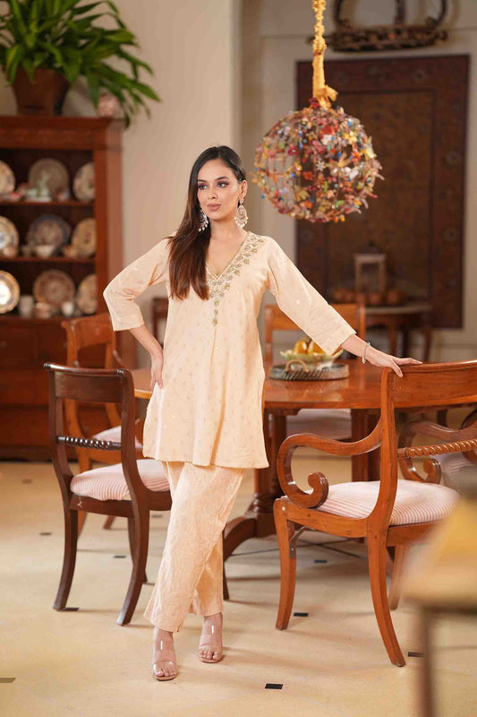 Beige Kurta with jacquard pants