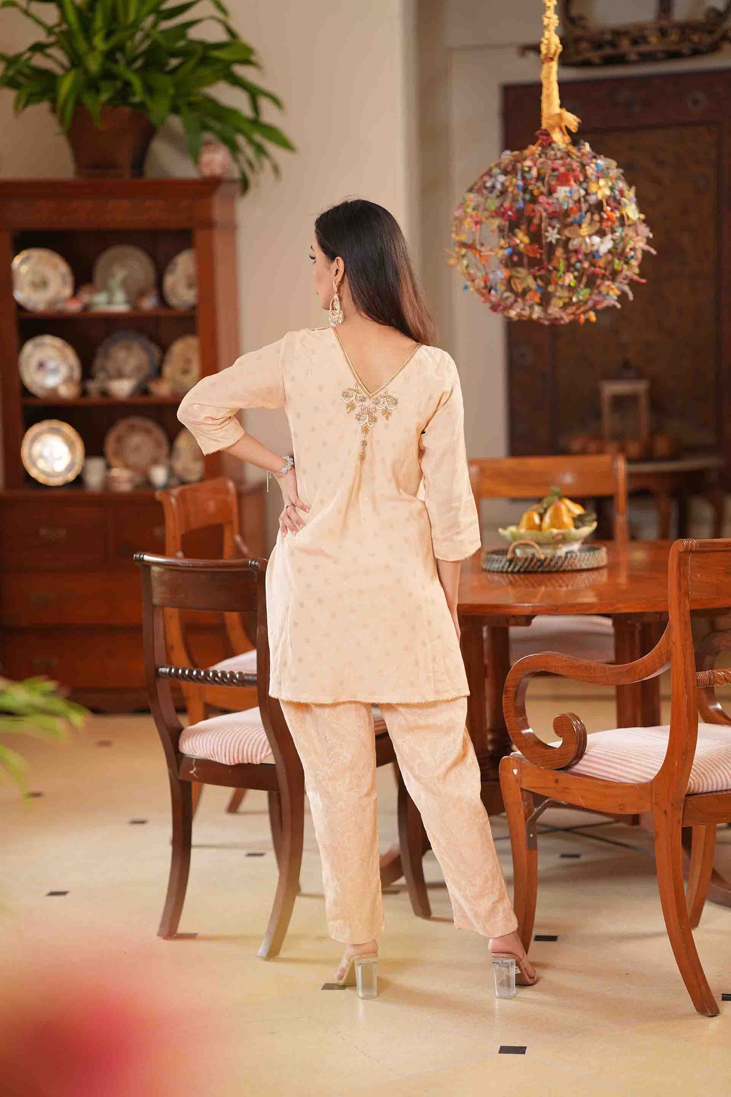 Beige Kurta with jacquard pants