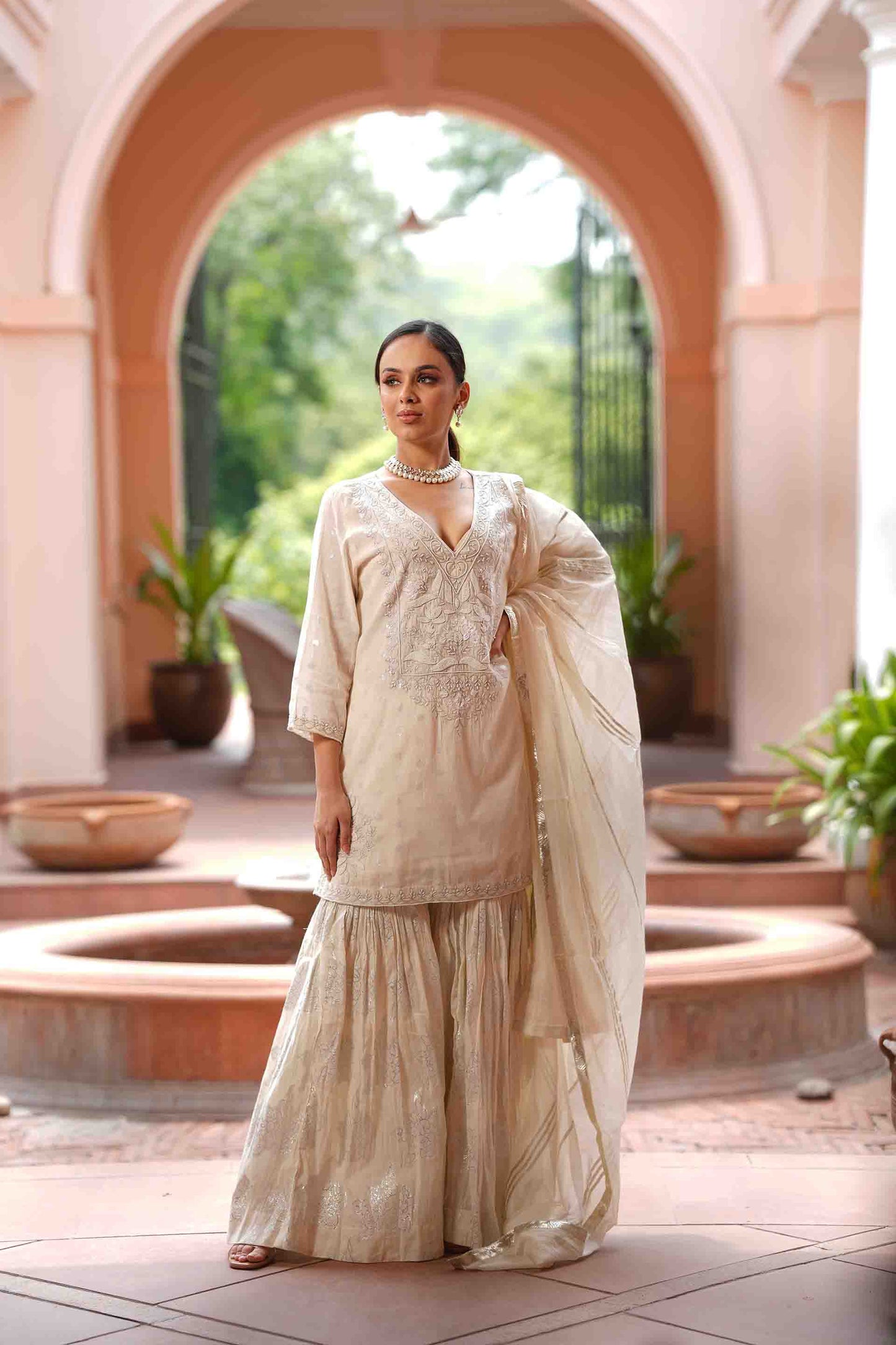 Hand embroidered kurta with jacquard sharara