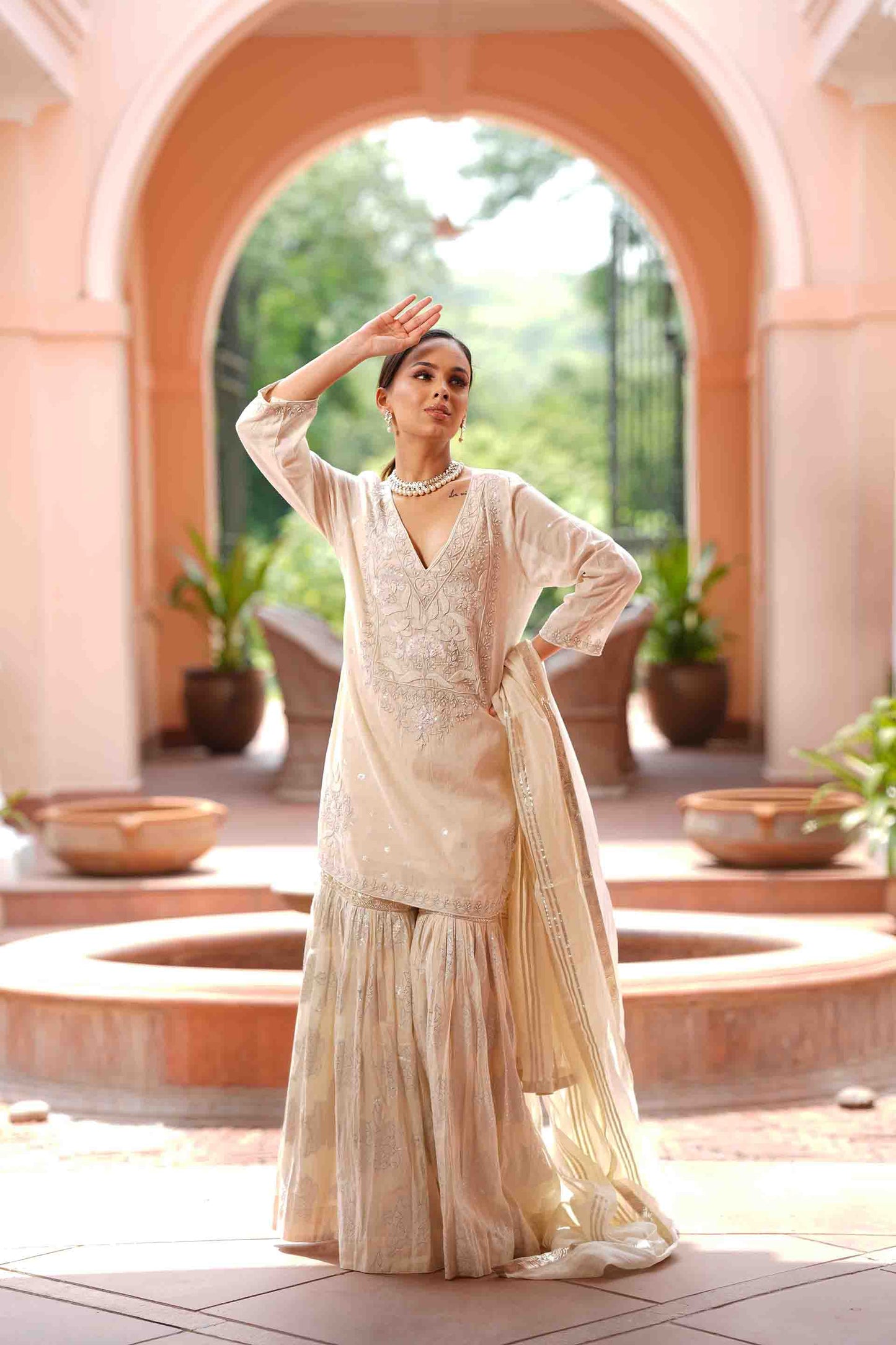 Hand embroidered kurta with jacquard sharara