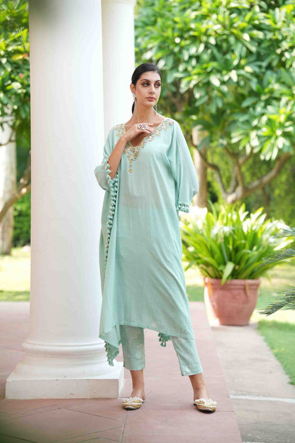 Sea green kaftan with hand embroidery neckline