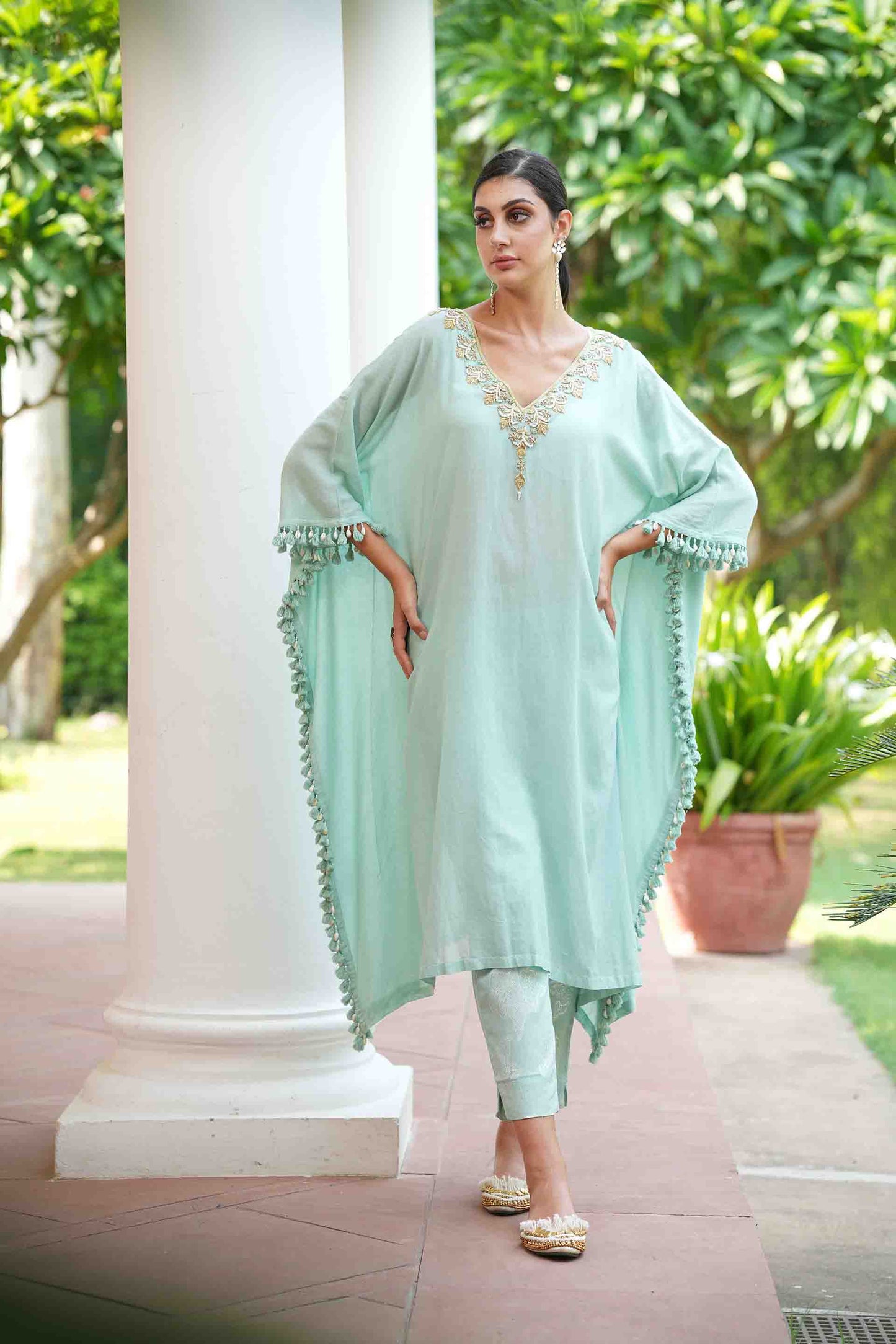 Sea green kaftan with hand embroidery neckline