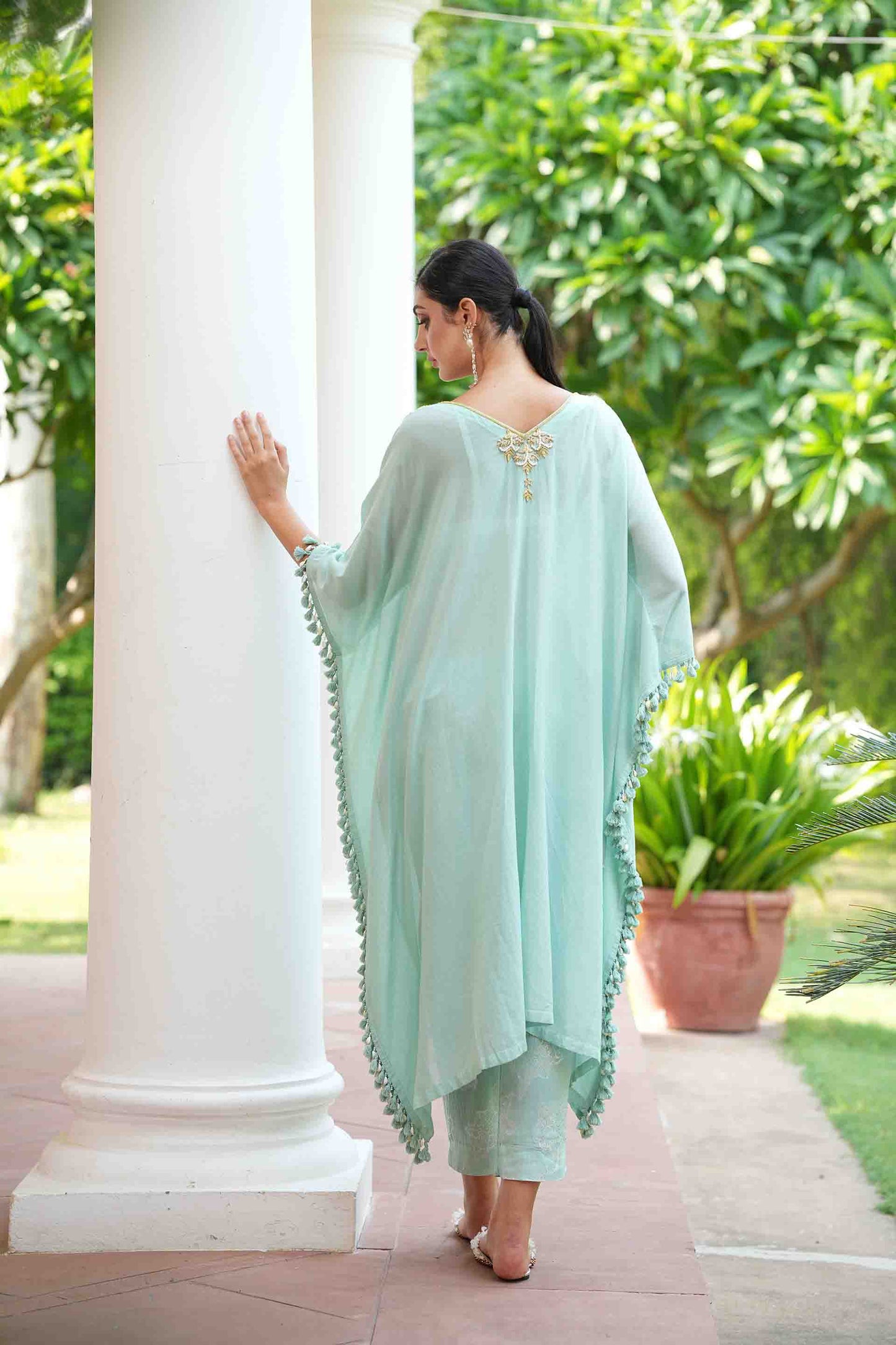 Sea green kaftan with hand embroidery neckline