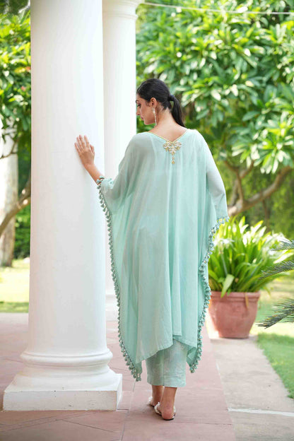 Sea green kaftan with hand embroidery neckline