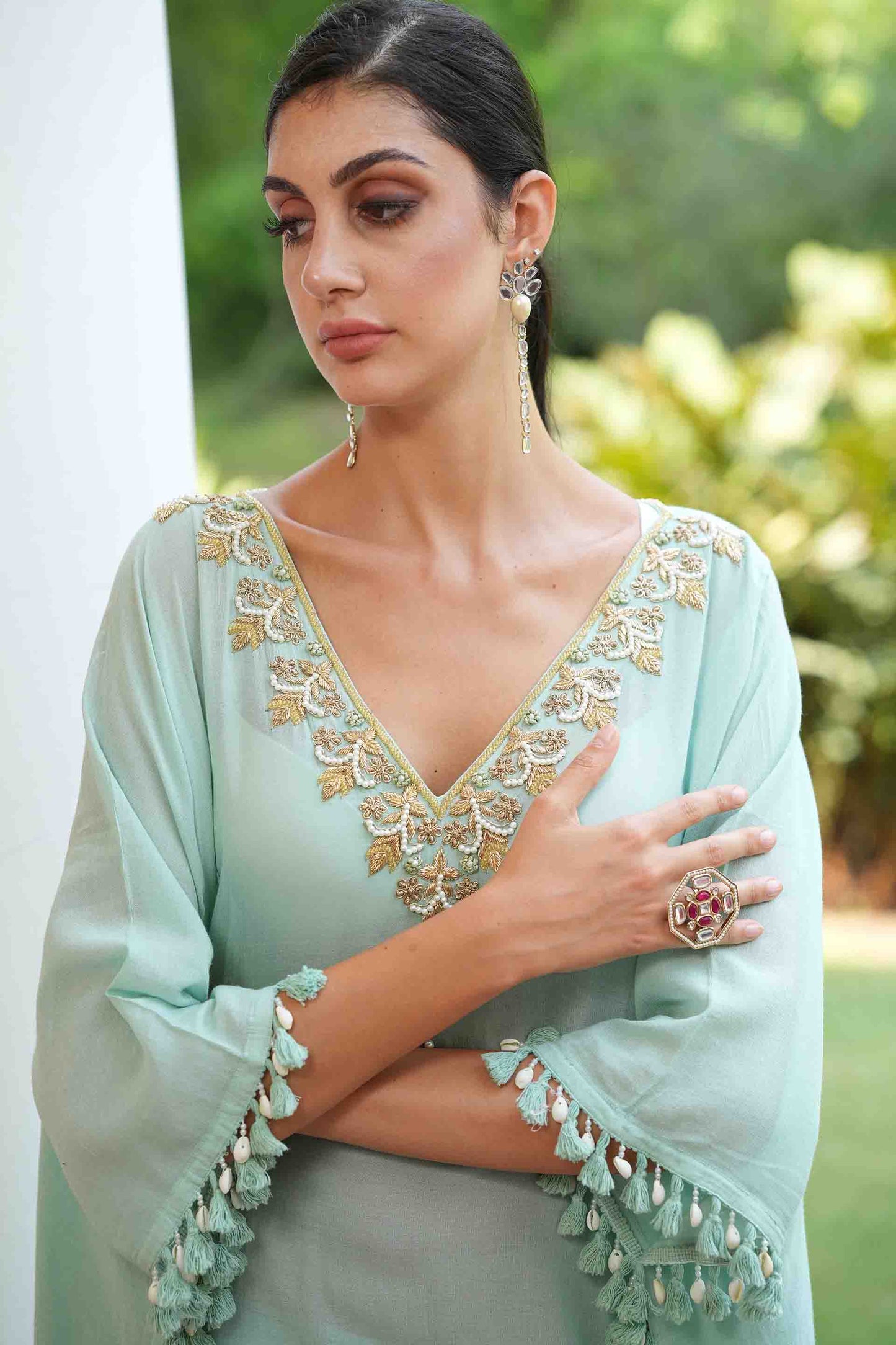 Sea green kaftan with hand embroidery neckline