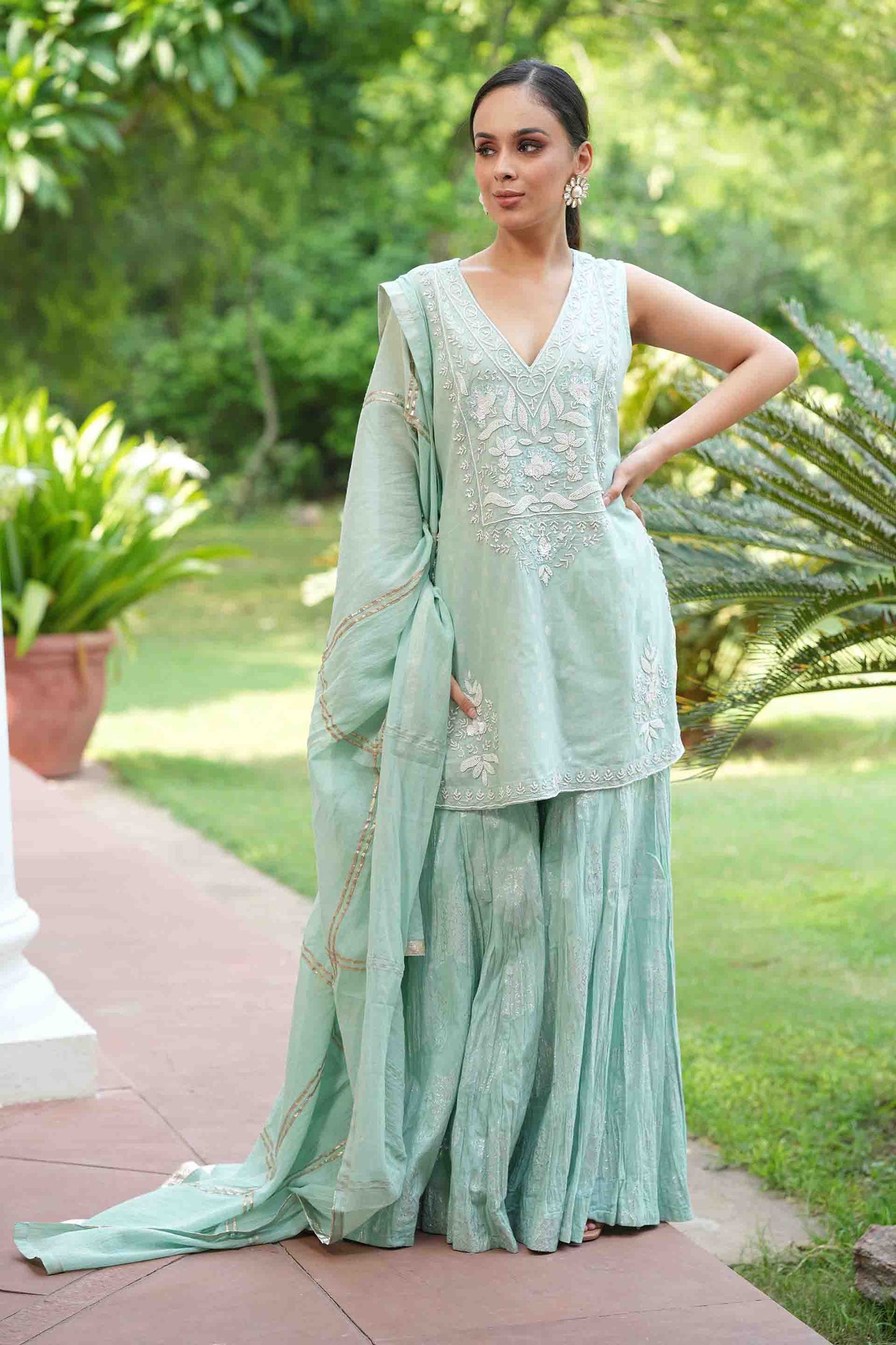 Sea green embroidered kurta with jacquard sharara with dupatta