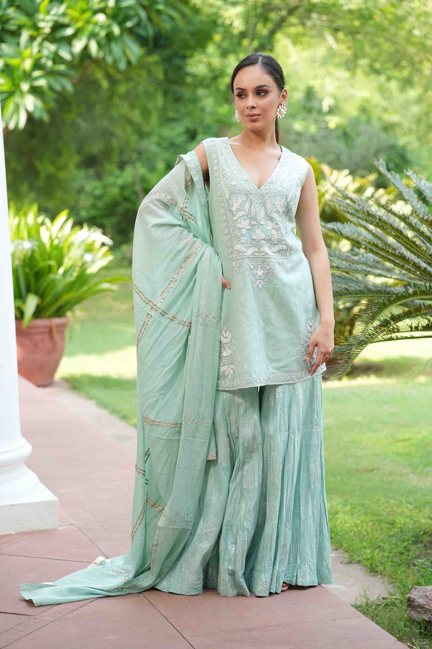 Sea green embroidered kurta with jacquard sharara with dupatta