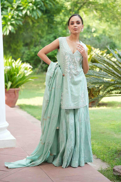 Sea green embroidered kurta with jacquard sharara with dupatta