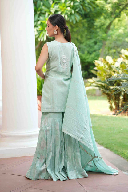 Sea green embroidered kurta with jacquard sharara with dupatta