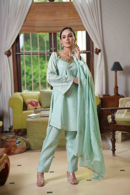 Sea green kurta with embroidery and jacquard pants