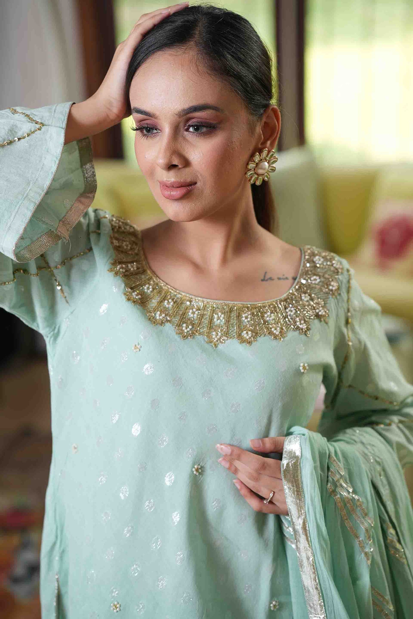 Sea green kurta with embroidery and jacquard pants