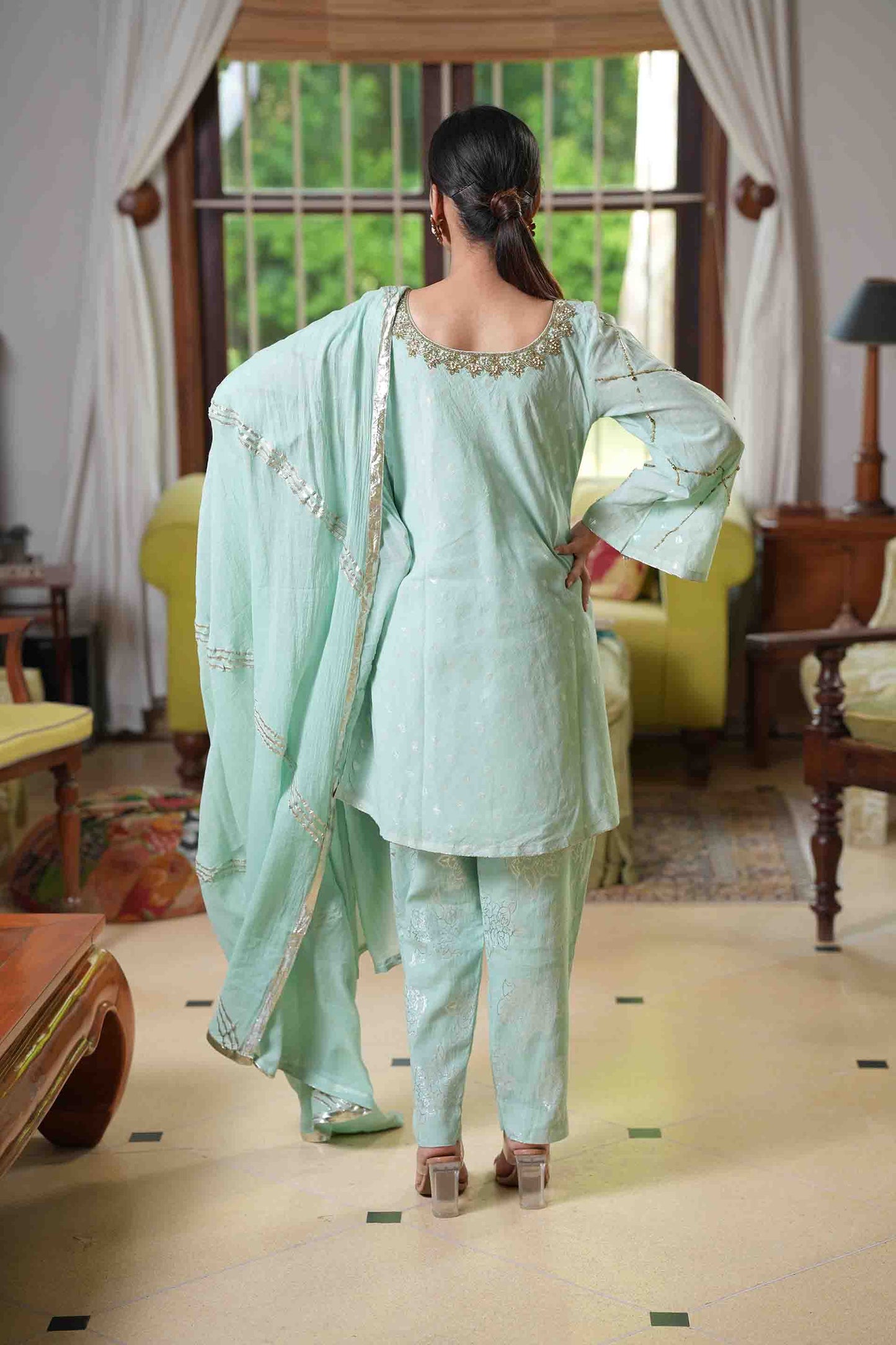 Sea green kurta with embroidery and jacquard pants