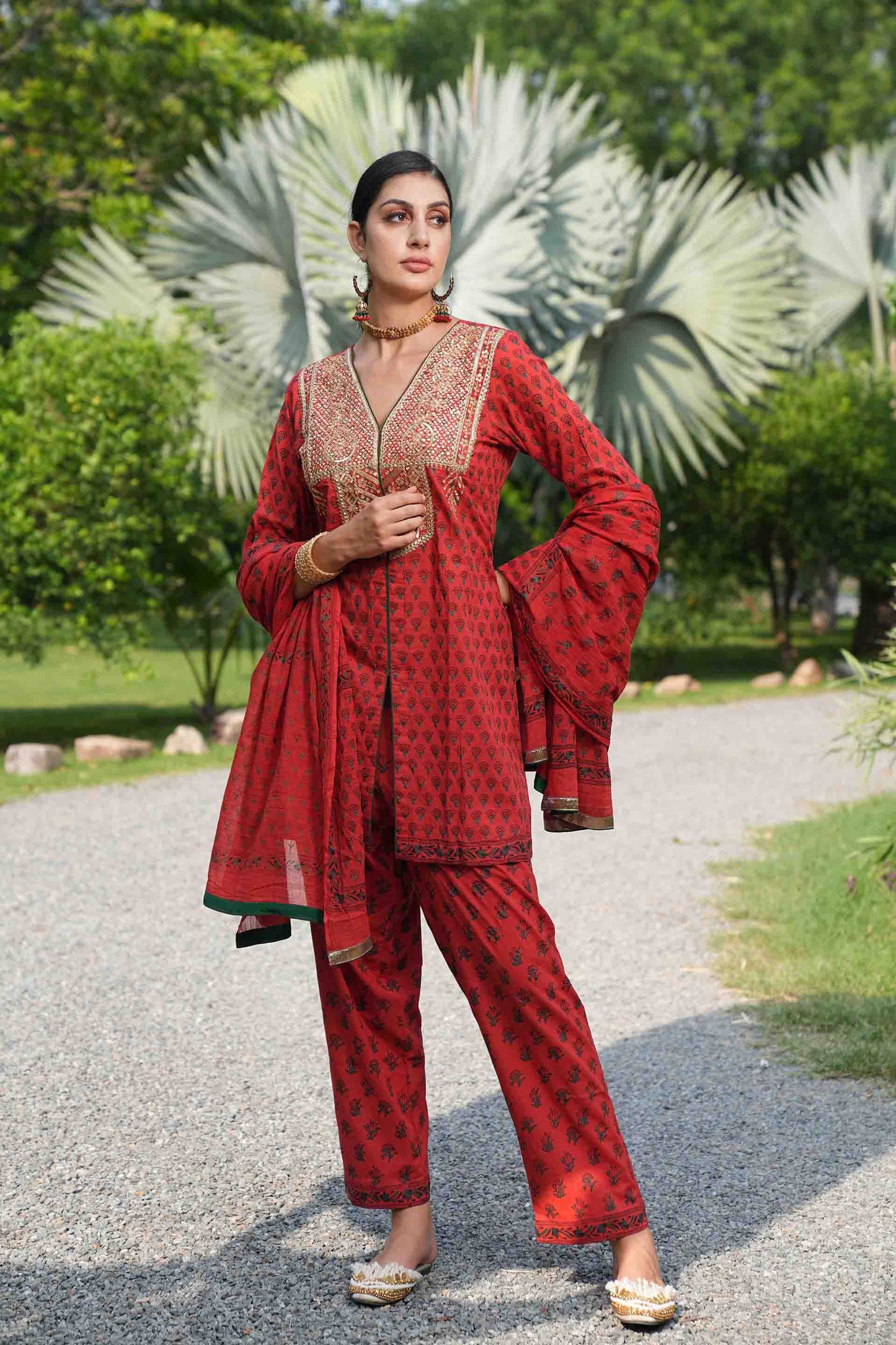 Red kurta with hand block print and embroidered bodice