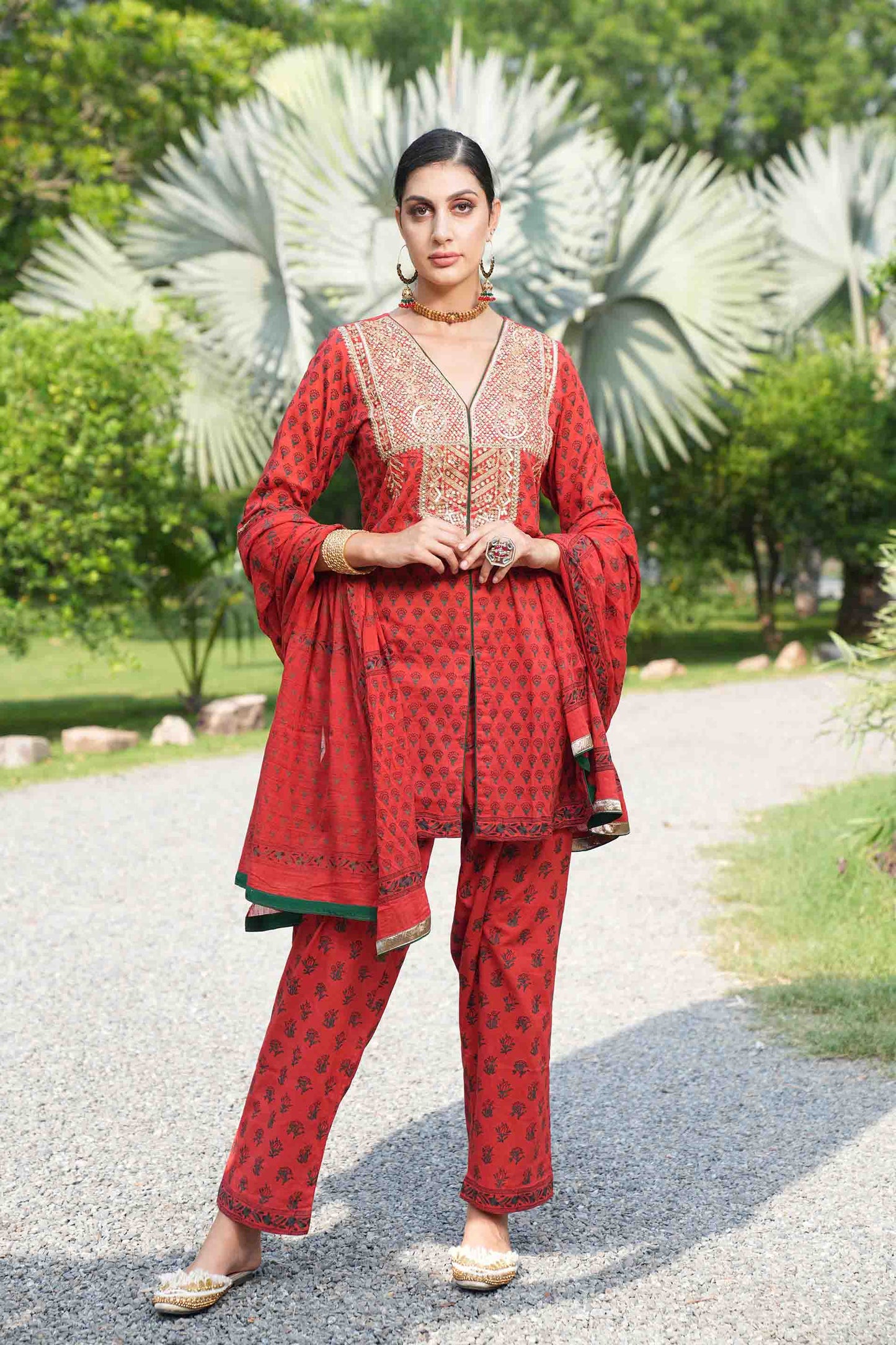 Red kurta with hand block print and embroidered bodice