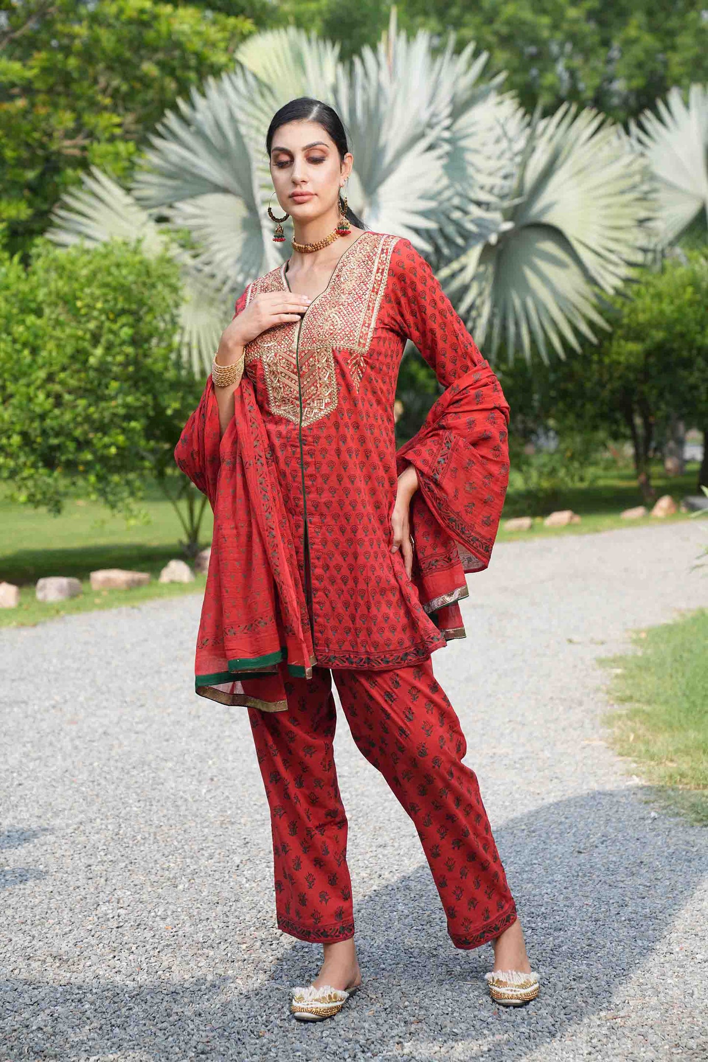 Red kurta with hand block print and embroidered bodice