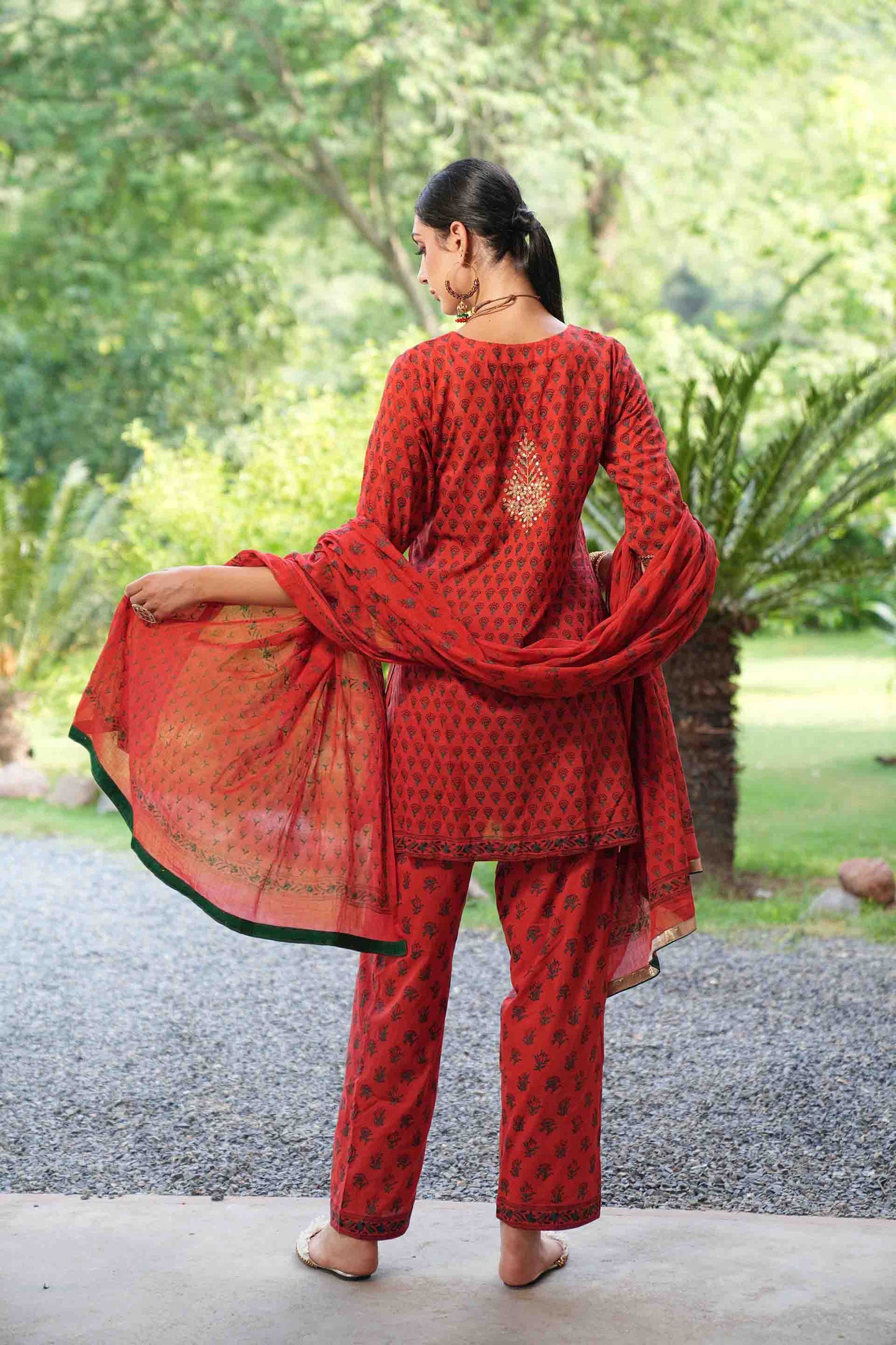 Red kurta with hand block print and embroidered bodice