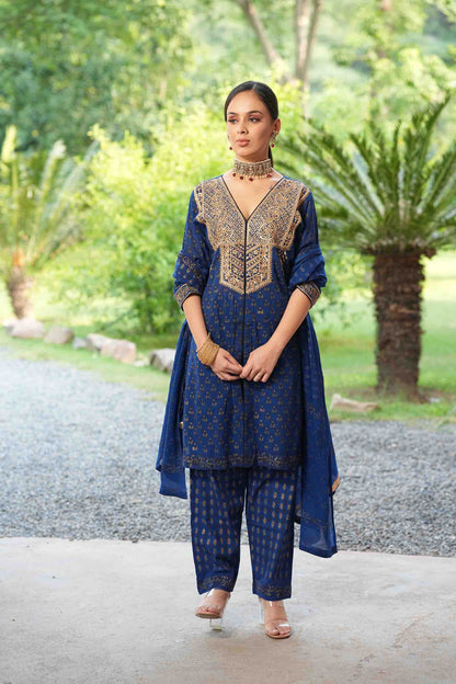 Blue kurta with hand block print and embroidered bodice