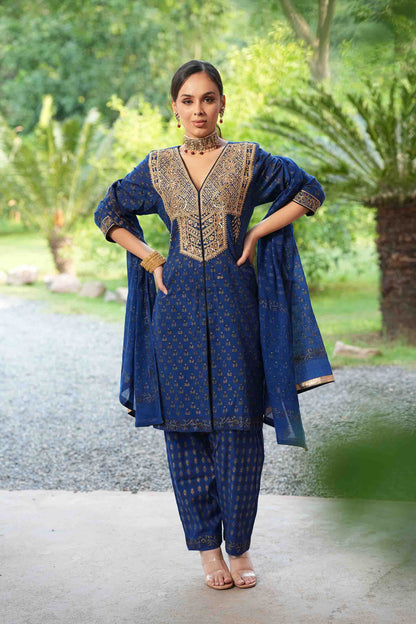 Blue kurta with hand block print and embroidered bodice