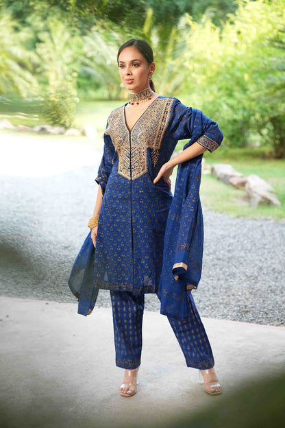 Blue kurta with hand block print and embroidered bodice