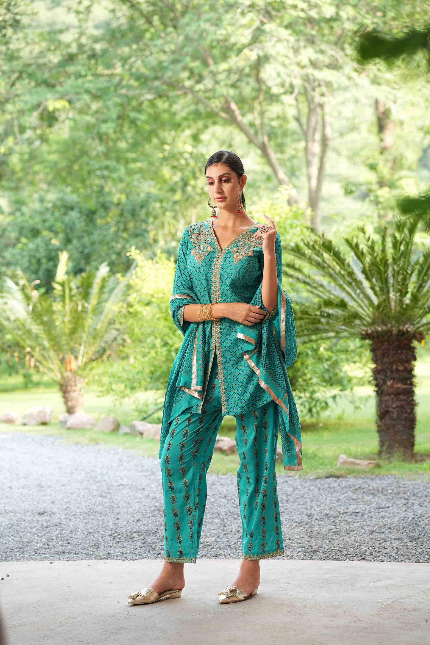 Green kurta with hand block print and embroidered bodice