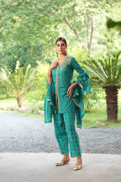 Green kurta with hand block print and embroidered bodice