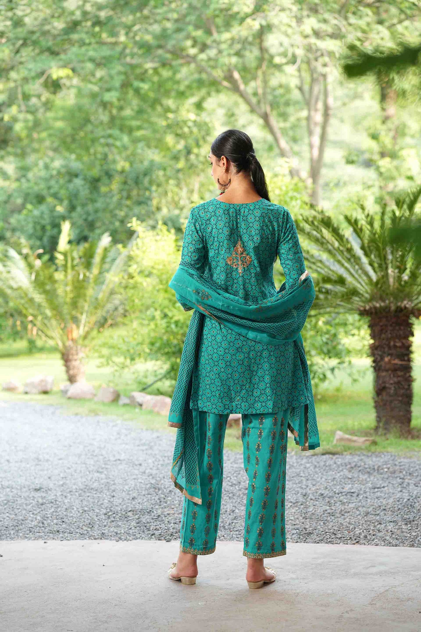 Green kurta with hand block print and embroidered bodice