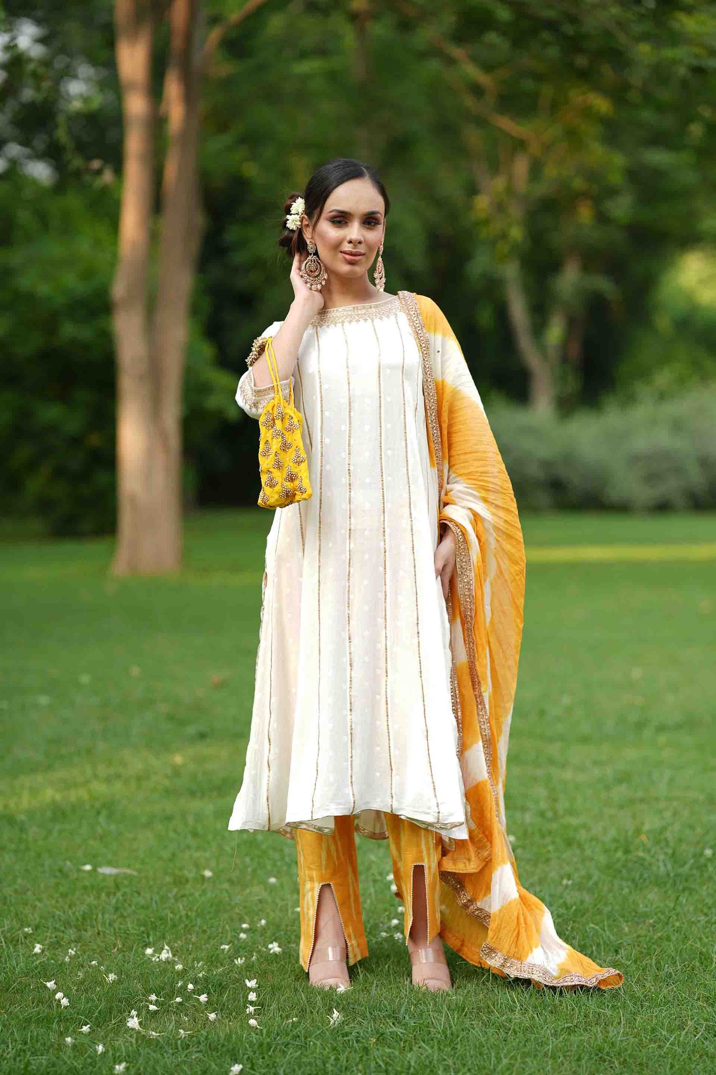 Kurta with embroidery and ikat pants and dupatta