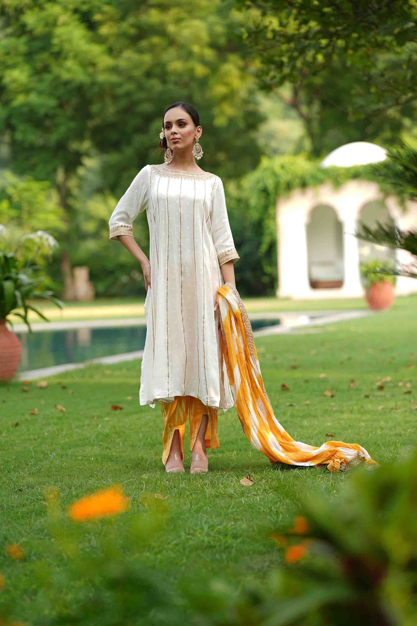 Kurta with embroidery and ikat pants and dupatta