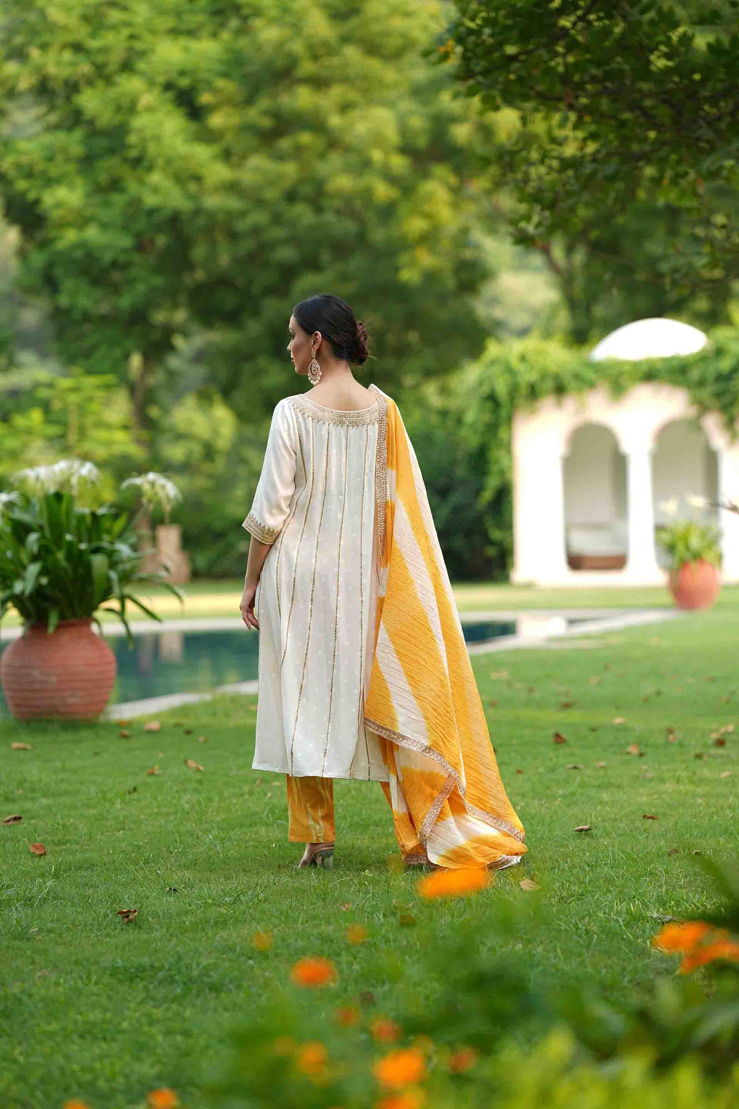 Kurta with embroidery and ikat pants and dupatta