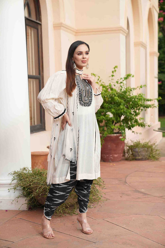 Black ikat kurta set with mirror embroidery