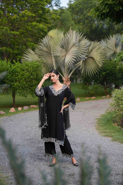 Black cutwork kurta with pants and dupatta