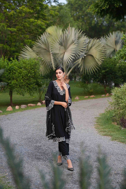 Black cutwork kurta with pants and dupatta