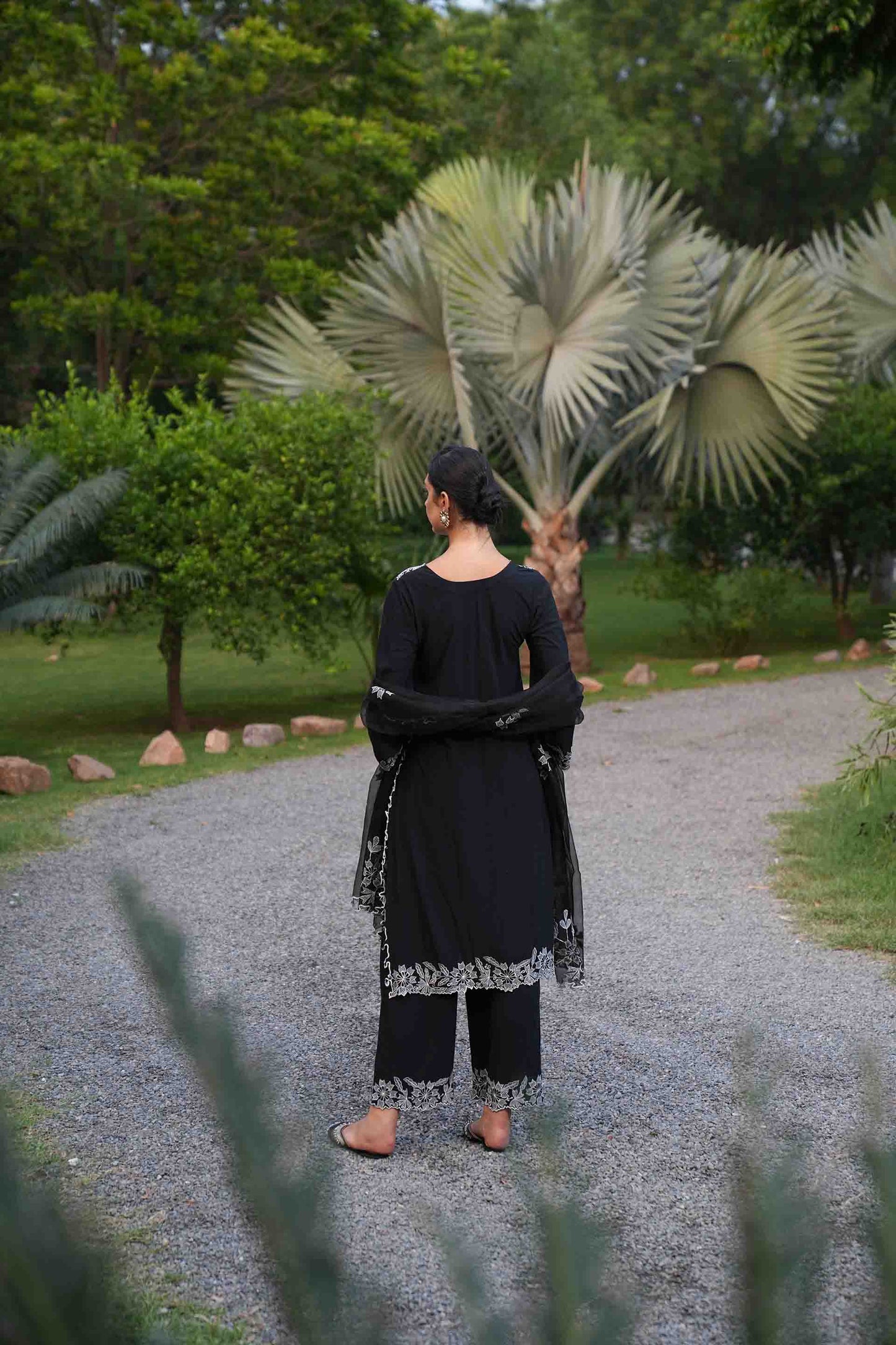 Black cutwork kurta with pants and dupatta