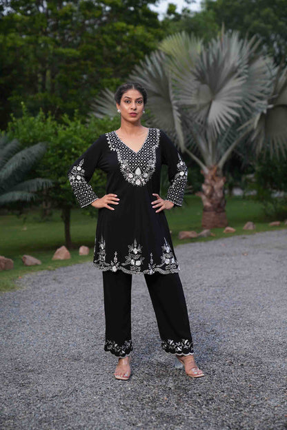 Black Mughal motifs and scallop kurta and pants