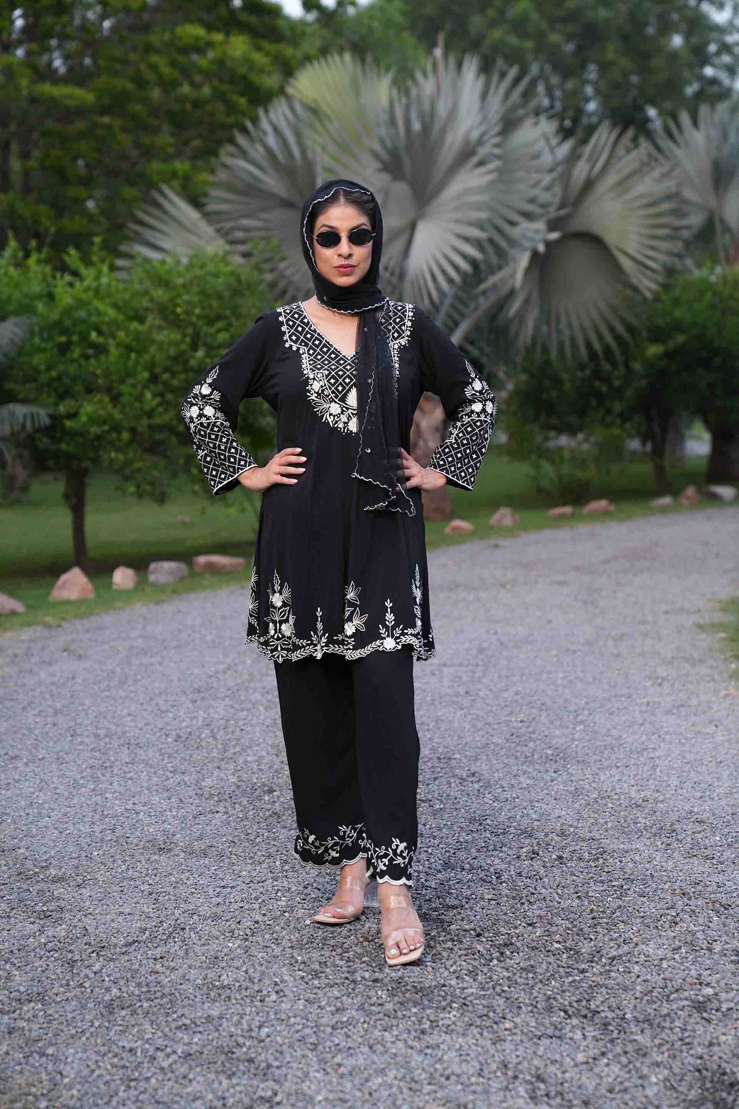 Black Mughal motifs and scallop kurta and pants