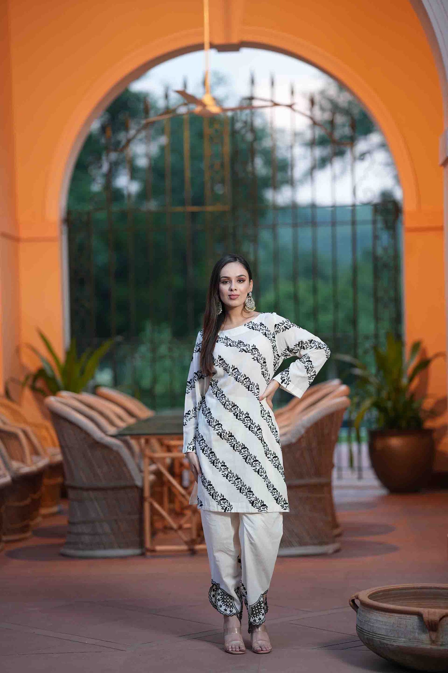 White diagonal embroidered foliage with pants